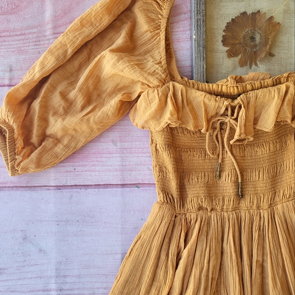 Free People Orange Oasis Smocked Ruffle Cotton Boho A-line Midi Dress XS - Picture 5 of 10